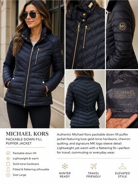 Michael Kors Packable Down Fill Quilted Puffer Jacket‎ Gold Hardware Coat Size L